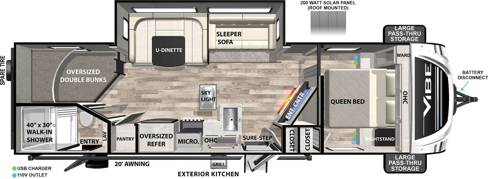 The Vibe West 26DB floorplan has two entries and one slide out. Exterior features include: fiberglass exterior, 20' awning and outside kitchen. Interiors features include: bunk beds, u-dinette and front bedroom.